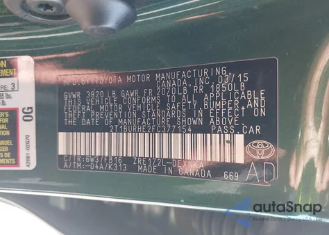 2015 Toyota Corolla Le Plus z USA, uszkodzony, nr VIN 2T1BURHE2FC377154